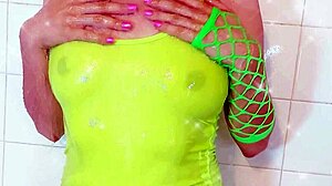 Wet Latina ass shines in see-through shower shirt