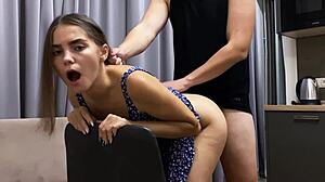 Cute brunette in dress made me cum after doggystyle fuck joi