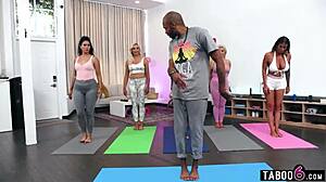Milfs Dominate Black Yoga Instructor in Wild Group Bang