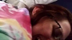 Husband intensely fingers tight pussy and ass of nerdy brunette wife