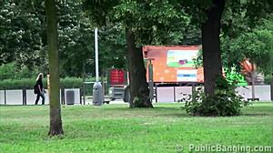 Hey! Alexis Crystal gets banged by 2 guys in public!