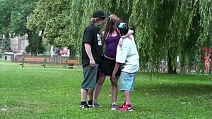 Hey! Alexis Crystal gets banged by 2 guys in public!