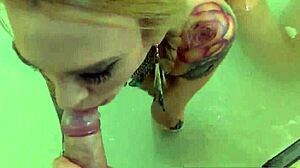 All wet and horny, tattooed blonde milf sarah gives a blowjob to her skinny dude in the jacuzzi, leading to a cumshot