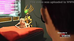 3d dickgirl android teases sexy blonde in sci-fi bedroom