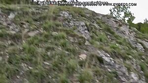 brunette flaunts nice tits naked on public street