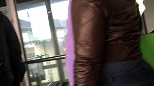 Touching The Chubby Girl's Brown Nylon Jacket Candidly On The Street