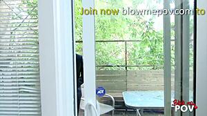 redhead babe sucks two juicy cocks in pov threesome