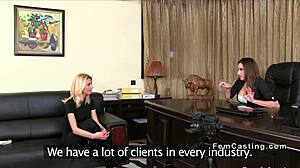 Blonde with Small Tits Licks Agent's Huge Boobs!