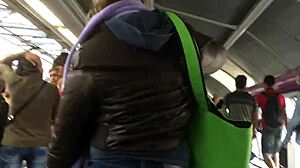 Touching The Chubby Girl's Brown Nylon Jacket Candidly On The Street