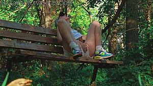 blonde couple reaches climax in forest sport