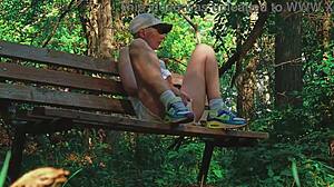 blonde couple reaches climax in forest sport