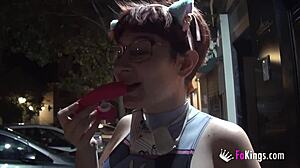 Whoa, busty teen Meraki gives free public blowjobs in cosplay on the street!