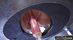 Gorgeous ebony babe, umm, cums hard with that crazy machine sex!