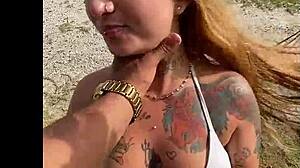 Latina girlfriend loses phone, intimate videos leaked online with tattoo and blonde friend in public.