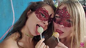 2 girls crave sucking lollipop but prefer dick more