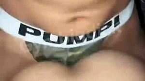 Bold gay couple fucks bareback in lingerie