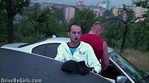 girl sticks her ass out the car window for a public gangbang orgy