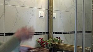 hot new sexy blonde wife changes panties in bathroom, bent over