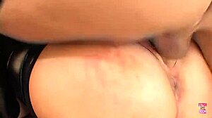 Blonde with Big Tits in Black Outfit Swallows Cum After Wild Threesome