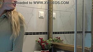 hot new sexy blonde wife changes panties in bathroom, bent over