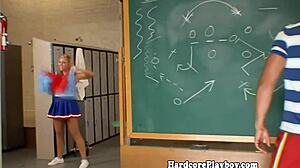 flexible blonde cheerleader babe fingers and masturbates her pussy while sucking and fucking cock in glamour style