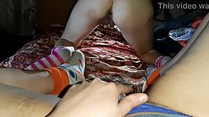 Jerking off to my girlfriend's close-up hairy handjob.