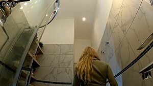 hot new sexy blonde wife changes panties in bathroom, bent over