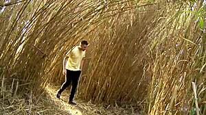 Adventurous Minx Grabs Hard Cock for Outdoor Handjob Cum in Stockings Masturbation