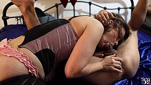 French Amateur in Black Leather and Satin Gets Spanked and Licked POV!