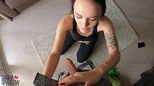 brunette deepthroats big dick, hard anal sex, cum inside after gym