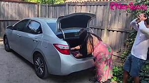 Curvy stepmom bangs young guy outdoors in car sex scene