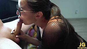 girlfriend sucking and jerking off monster cock after work