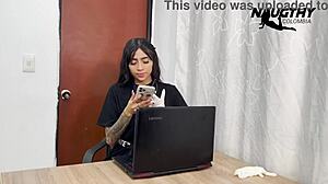 I'm in the office masturbating while waiting for my new patient, feeling so horny.