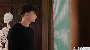 Fit blonde teacher Millie keeps bad boy after school for hairy muff diving.