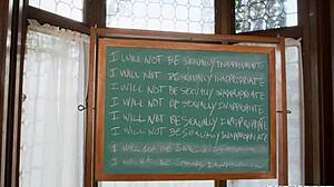 Fit blonde teacher Millie keeps bad boy after school for hairy muff diving.