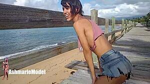 Hairy woman flashing bouncing tits and nipples in public