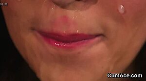 The hot babe receives cum shots on her face and swallows all the cum.