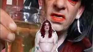 Sissy bisexual male exposed naked while peeing and swallowing