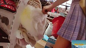 Mala dvojka goes shopping without panties, flashing her nude pussy in outdoor public exhibition