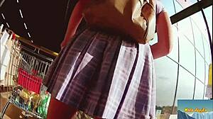 Mala dvojka goes shopping without panties, flashing her nude pussy in outdoor public exhibition