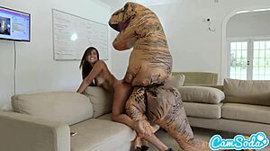 Big ass Latina teen chased by lesbian trex on hoverboard then fucked with dildo to orgasm