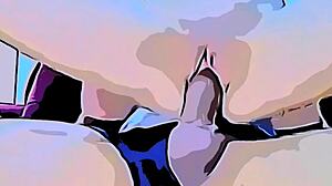 Teen feels pleasure as big cock enters her tight pussy in cartoon.