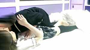 Japanese Schoolgirl Cosplay Handjob and Creampie Sex on Bed! Cute Miniskirt Action!