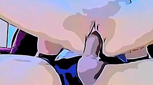 Teen feels pleasure as big cock enters her tight pussy in cartoon.