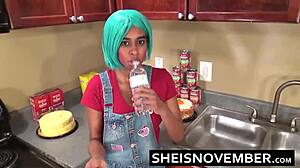 Step brother persuades cute step sister to fuck in kitchen.