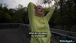 Stunning blonde Euro babe takes hard outdoor pounding. Public agent's deep dicking leaves her breathless.