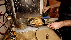 Sexy naked gay chef cooking rice noodle