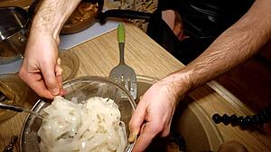 Sexy naked gay chef cooking rice noodle