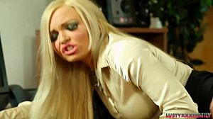 Horny blonde seduces stepbrother for office romp