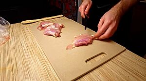 Sexy naked gay chef cooking rice noodle